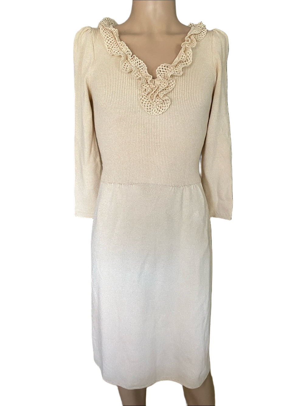 St John vintage Cream Lace-Trim Knit Dress - Elegant V-Neck Women’s Dress